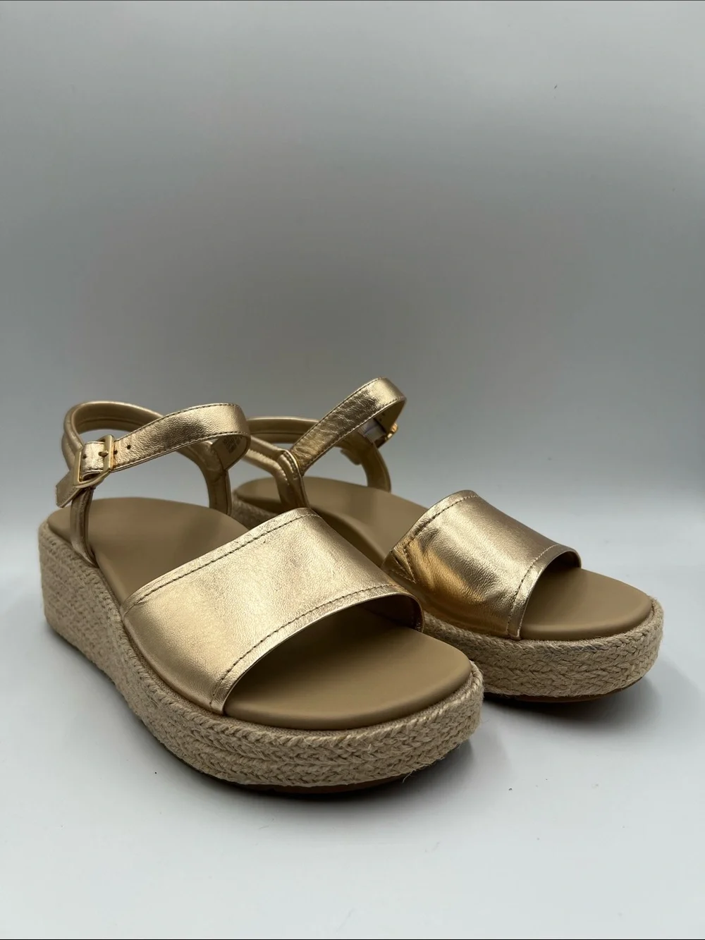 ABEO Solstice Buckle Espadrille wedge sandal shoe metallic gold platform EUC 7